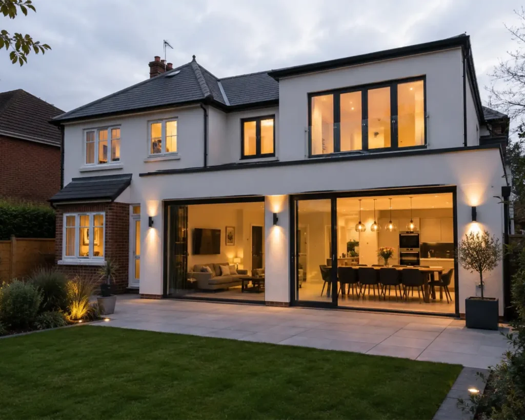 Photo of a Double Story Extension in Bridgend South Wales at night.