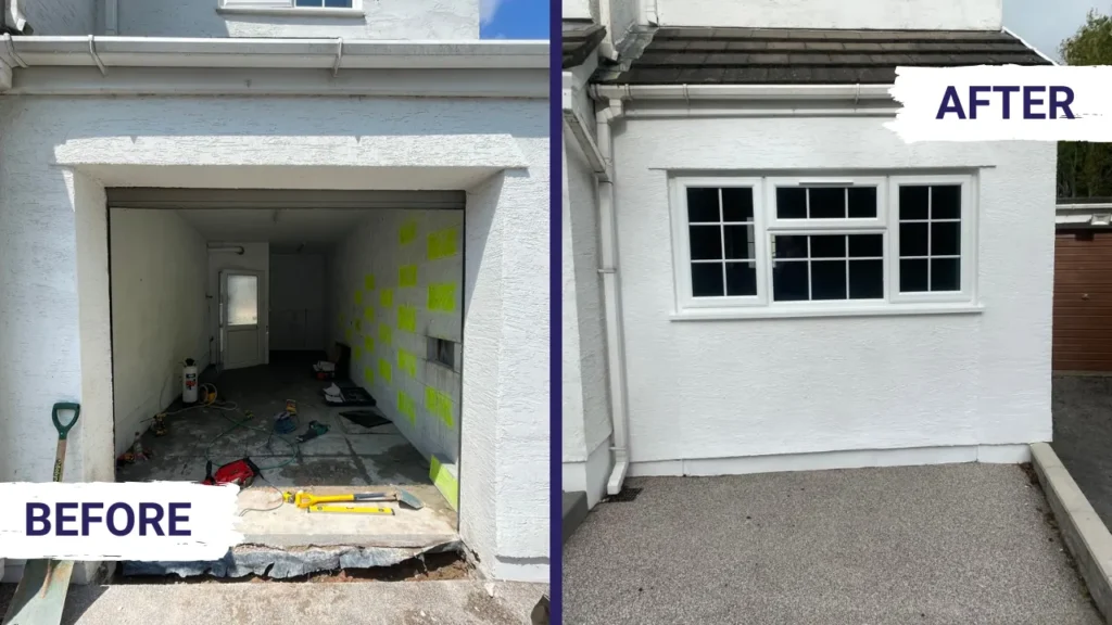 Garage Conversion in South Wales Before and After Photo. Before photo on the left and after photo on the right