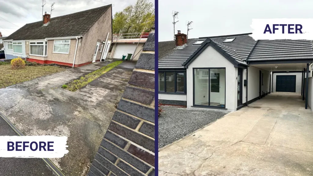 Before and after images showing a renovated semi-detached house with new roof and driveway