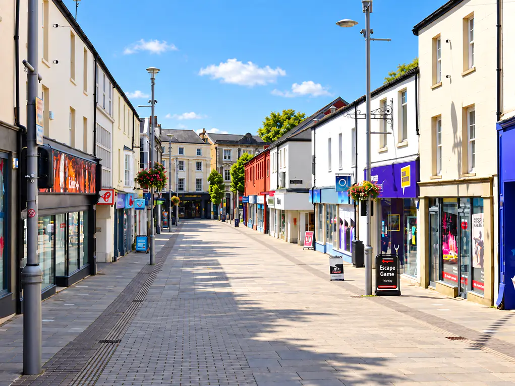 Empty Bridgend pedestrian high street with shops and street lamps under a clear blue sky