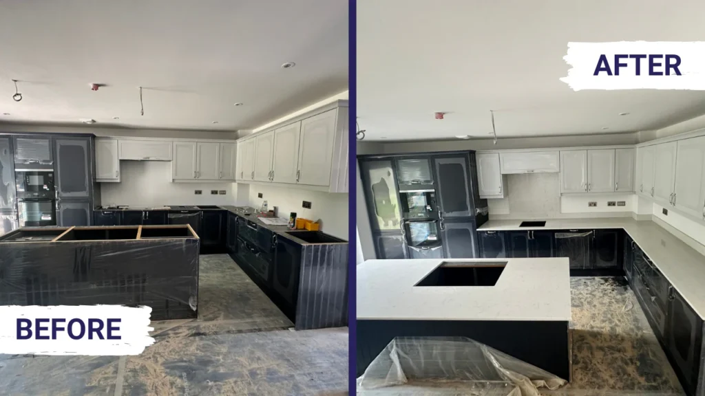 Modern kitchen renovation showing before and after countertop installation and surface finishing